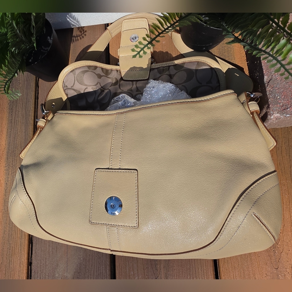Coach Soho Flap Shoulder Bag, style number 9248. Beige Tan Leather. - Picture 12 of 17